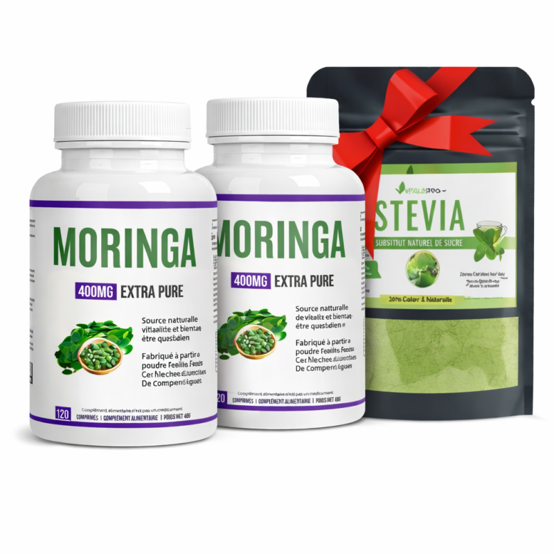 Offre Moringa 400 mg : deux boîtes de 120 comprimés avec un sachet de stévia en poudre offert